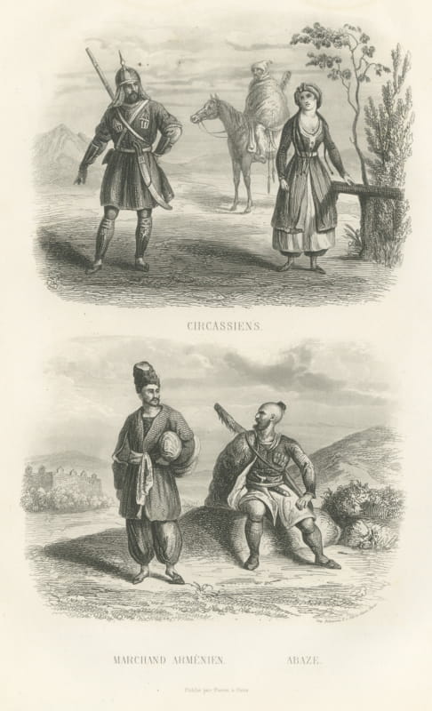 Circassians, Armenian Merchant and Abaza Man, Caucasus, Antique Print, 1859