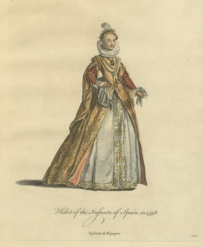 Infanta of Spain in 1598 in a Gold Brocade Gown, Jefferys Costume Plate, 1757