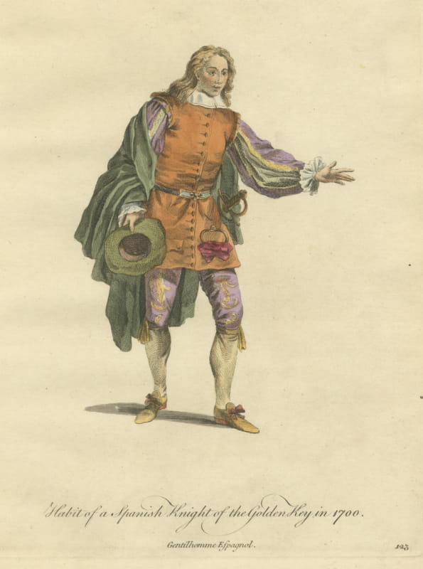 Spanish Knight of the Golden Key in 1700, Hand Colored Costume Plate, 1757