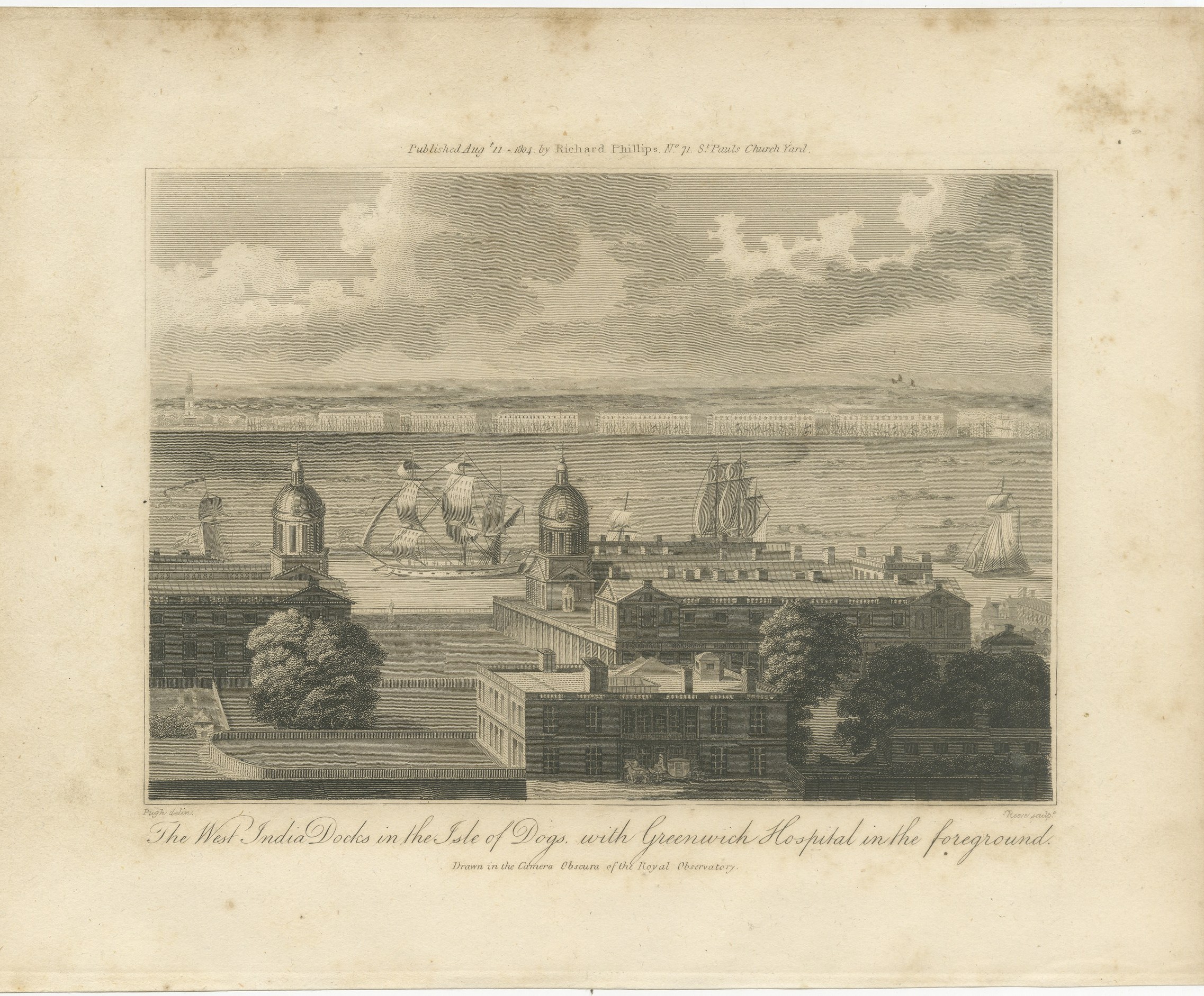 The West India Docks in the Isle of Dogs, Antique London Engraving, 1804