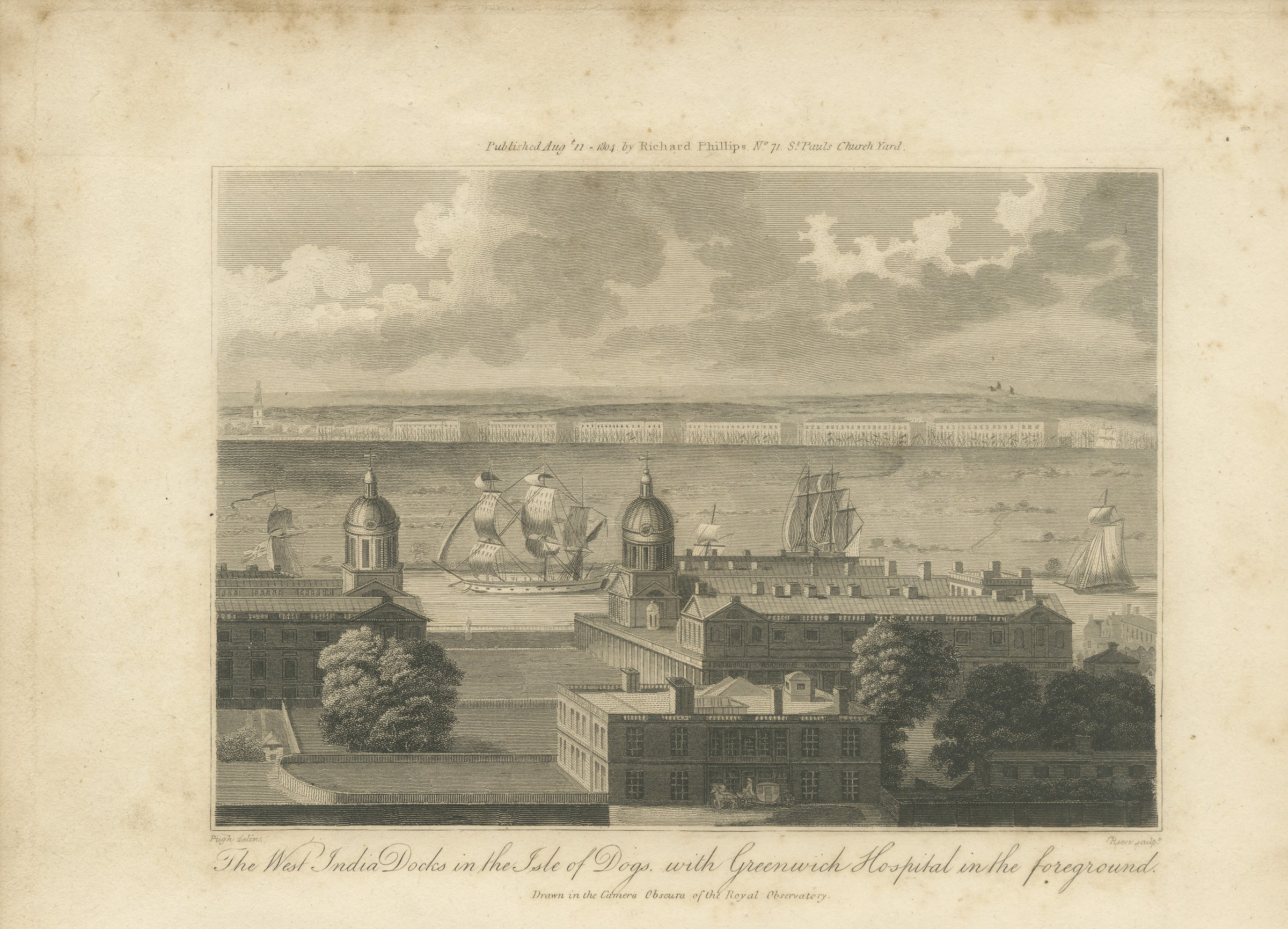 The West India Docks in the Isle of Dogs, Antique London Engraving, 1804