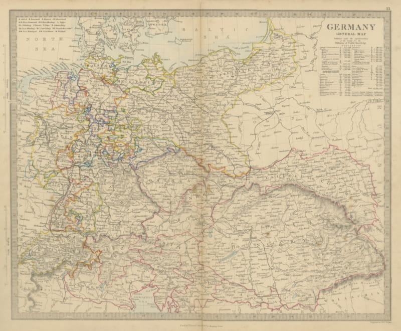 Antique Map of Germany and the Austrian Empire with Population Table, 1858