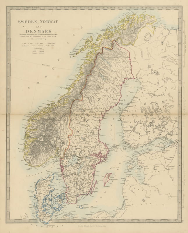 Antique Map of Sweden, Norway and Denmark with the Malström, 1858