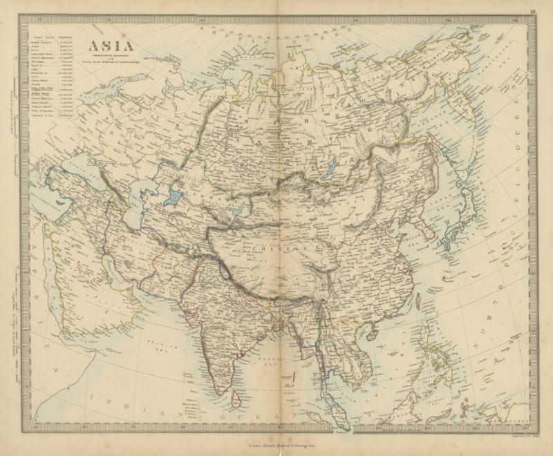 Antique Map of Asia with a Population Table of the Asiatic States, 1858