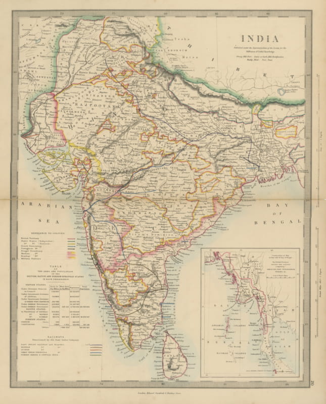 Antique Map of India with Railways Sanctioned by the East India Company, 1858