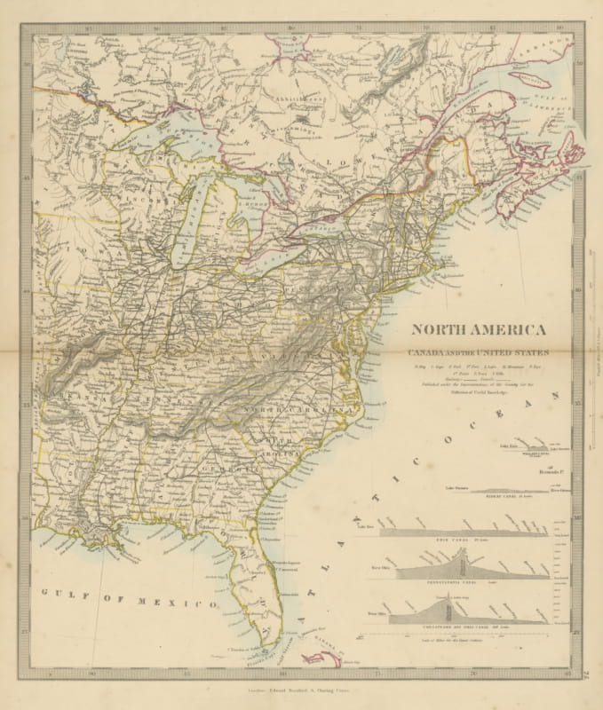 Antique Map of Canada and the United States with Canal Profiles, 1858