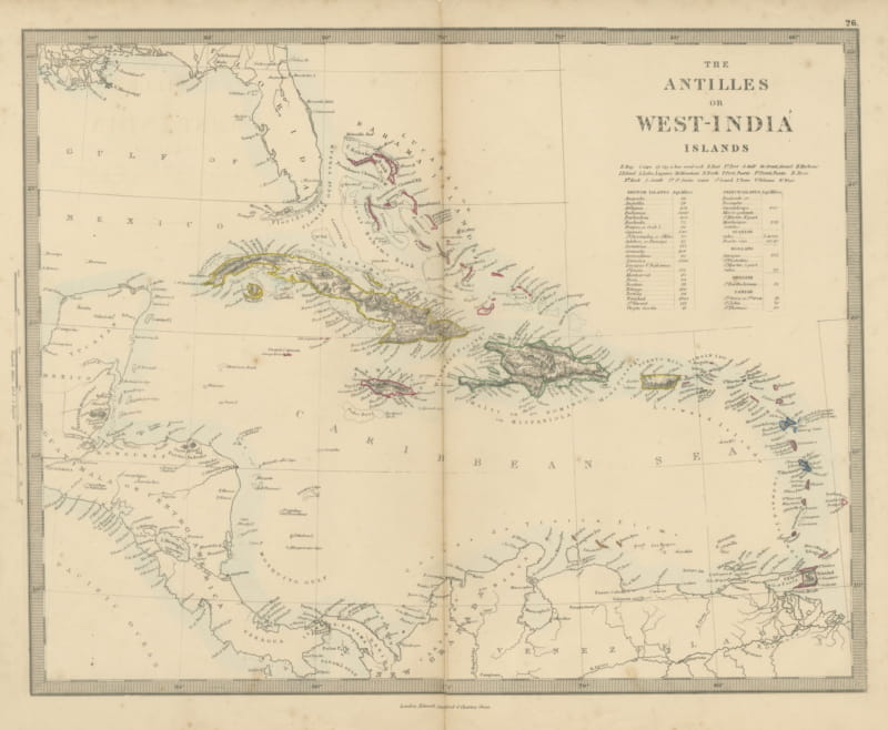 Antique Map of the Antilles or West India Islands with Island Areas, 1858
