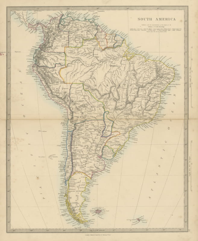 Antique Map of South America with the Falklands and South Georgia, 1858