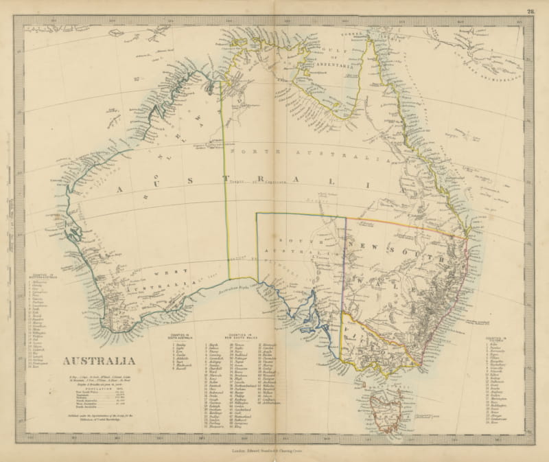 Antique Map of Australia with the 1855 Population Table and County Lists, 1858
