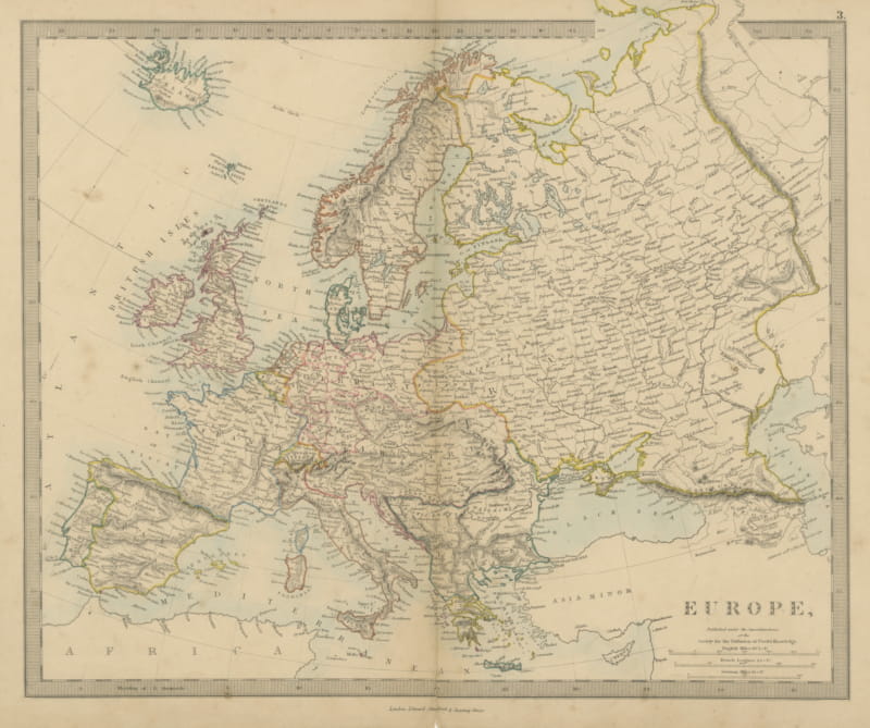 Antique Map of Europe with the Separate Italian and German States, 1858