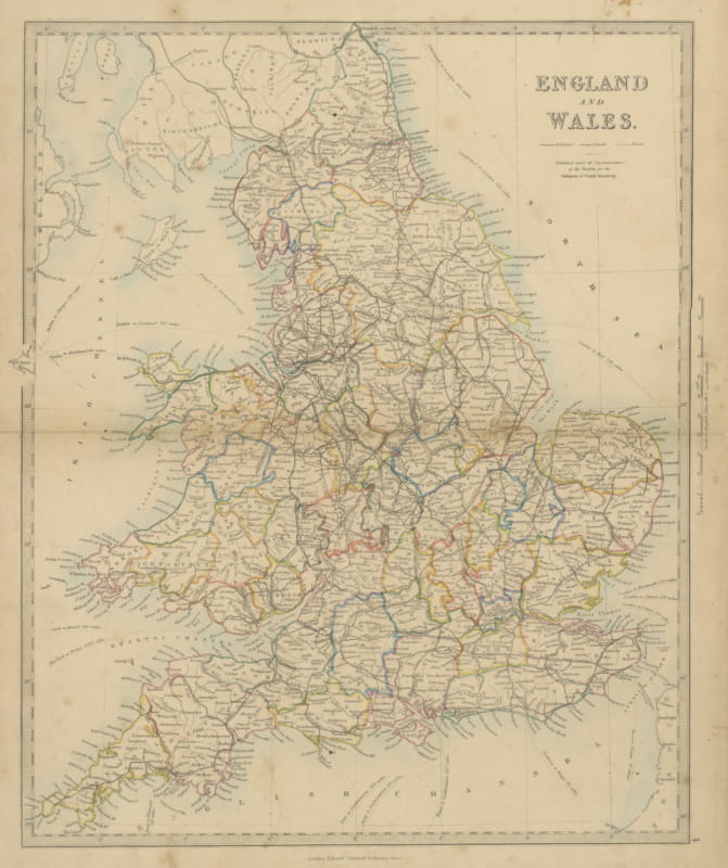 Antique Map of England and Wales with Railways and Canals, 1858