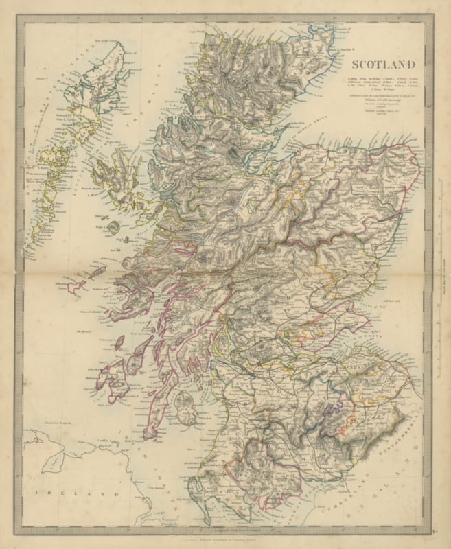 Antique Map of Scotland with 1841 and 1851 Population Figures, 1858