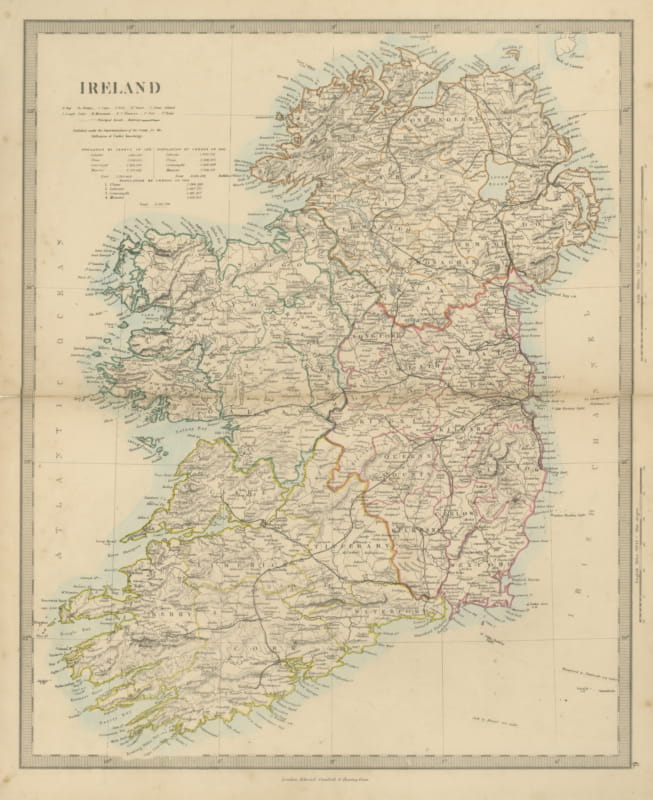 Antique Map of Ireland with Census Tables for 1831, 1841 and 1851, 1858