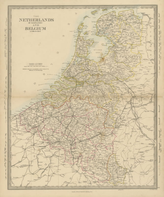 Antique Map of the Netherlands and Belgium, Zuider Zee and Railways, 1858