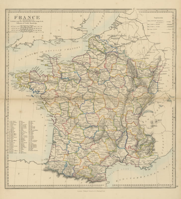 Antique Map of France in Departments with Numbered Key and Railways, 1858