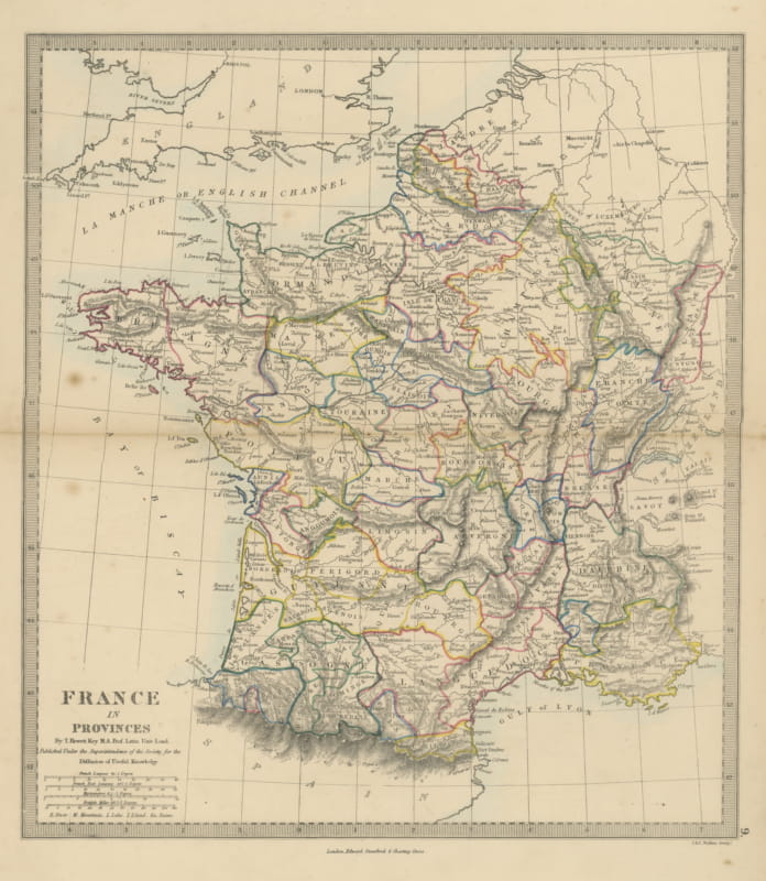 Antique Map of France in Provinces by T. Hewett Key, 1858