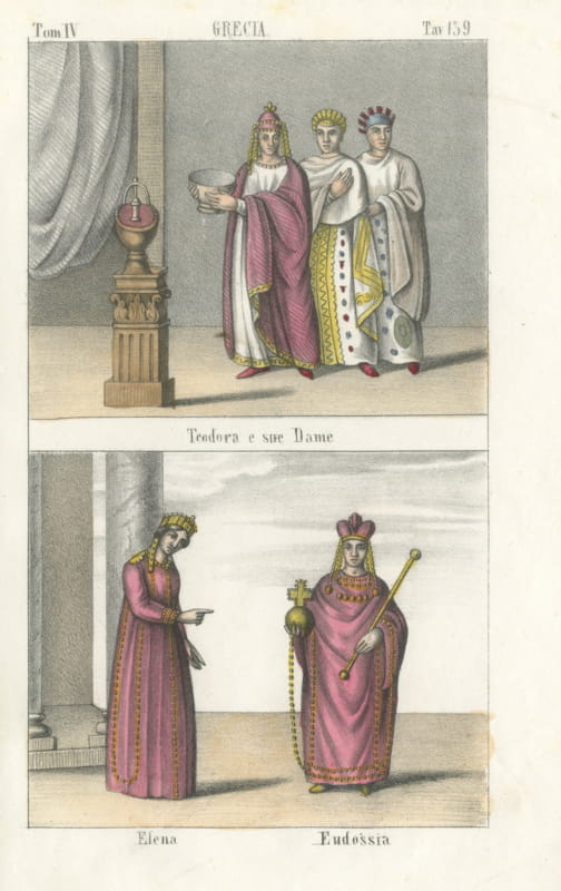 Theodora with Her Ladies, Helena and Eudoxia, Hand Colored Print, 1842