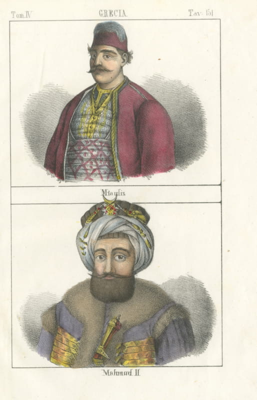 Portraits of Admiral Miaoulis and Sultan Mahmud II, Hand Colored, 1842