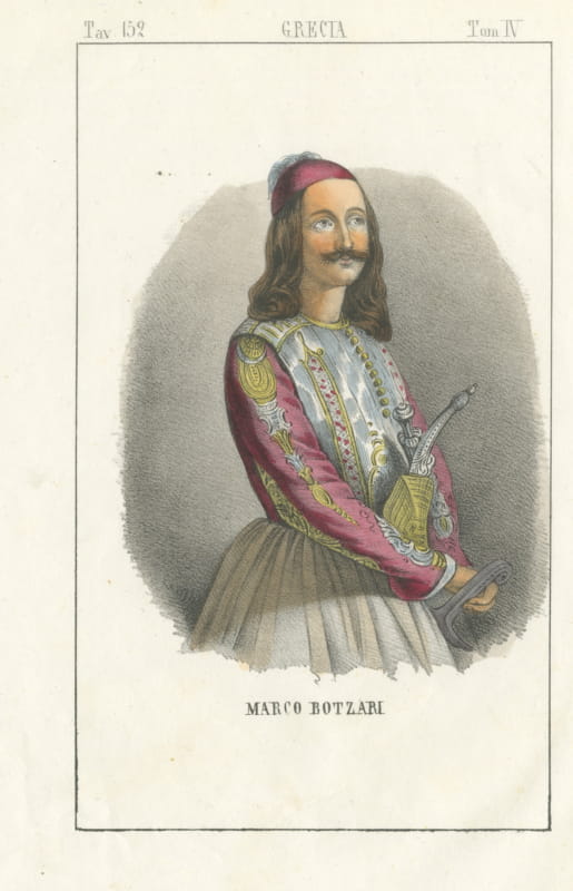 Markos Botsaris, Marco Botzari, Hand Colored Portrait Lithograph, 1842