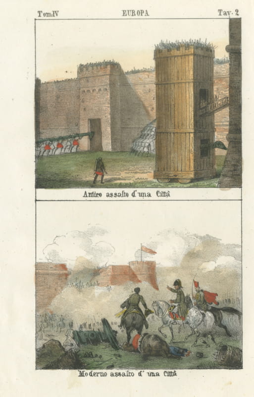 Ancient and Modern Assault on a City, Siege Tower and Battle, Lithograph, 1842