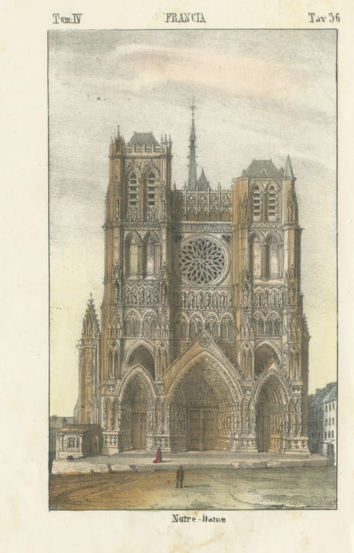 Notre Dame Gothic Cathedral Front, Hand Colored Lithograph, 1842
