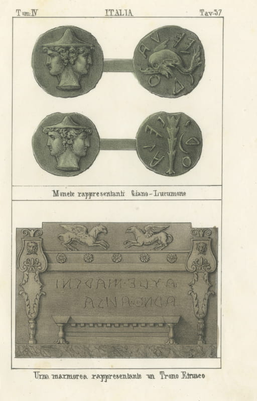 Etruscan Coins with Janus and a Marble Urn Carved as an Etruscan Throne, 1842