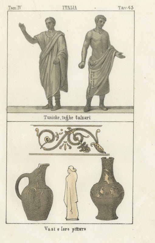 Roman Tunics, Togas and Shoes with Painted Ancient Vases, Lithograph, 1842