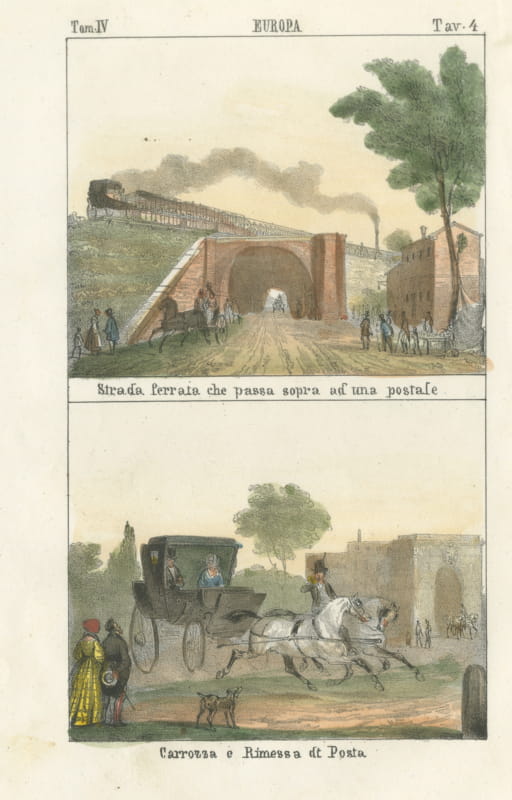 Railway Viaduct over a Post Road and a Post Carriage, Lithograph, 1842