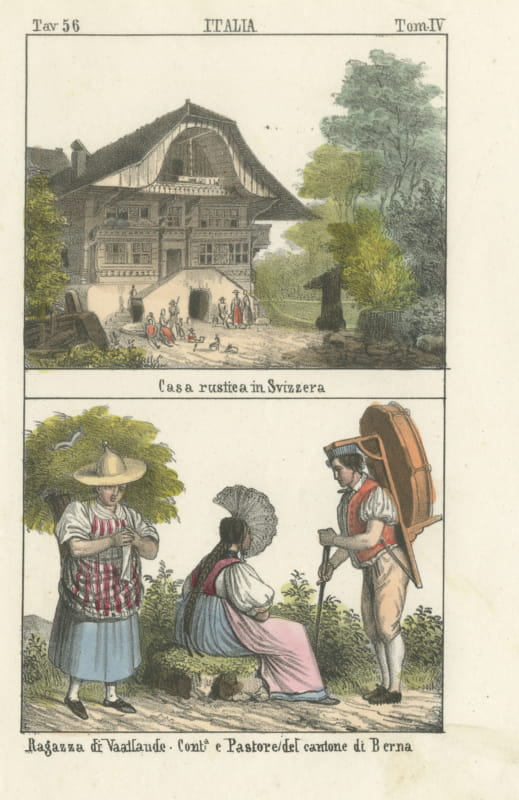 Swiss Farmhouse with a Girl of Vaallande and Bernese Peasants, Lithograph, 1842