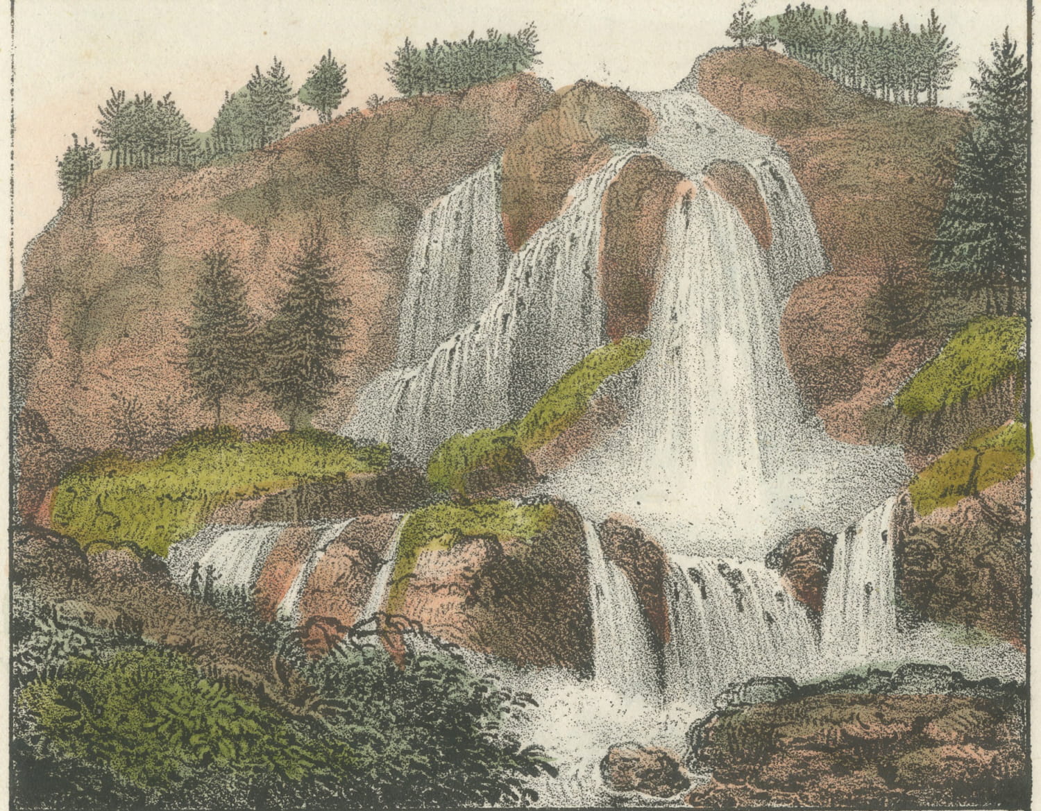 The Staubbach Falls and Women of Schwyz and Altdorf, Hand Colored, 1842