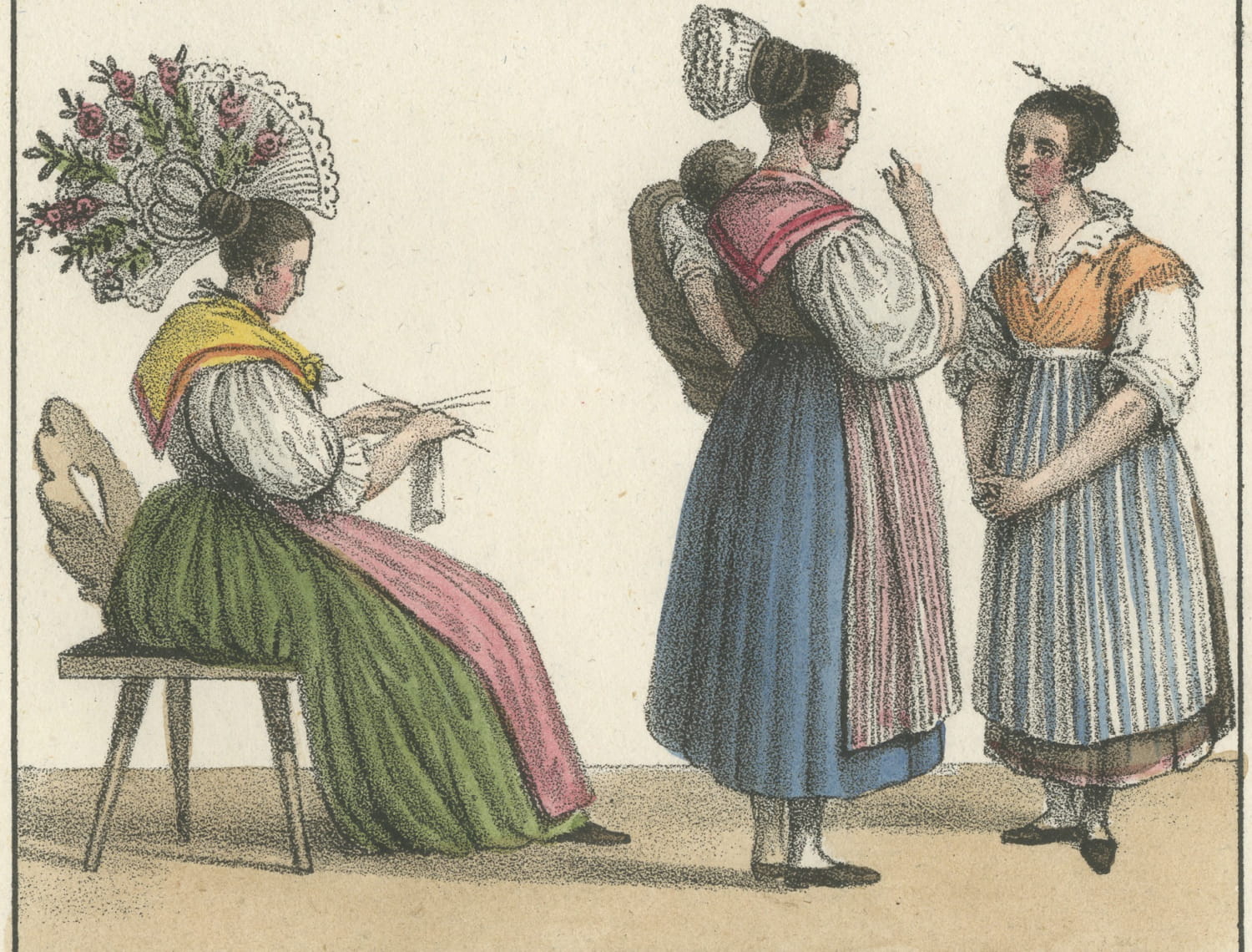 The Staubbach Falls and Women of Schwyz and Altdorf, Hand Colored, 1842