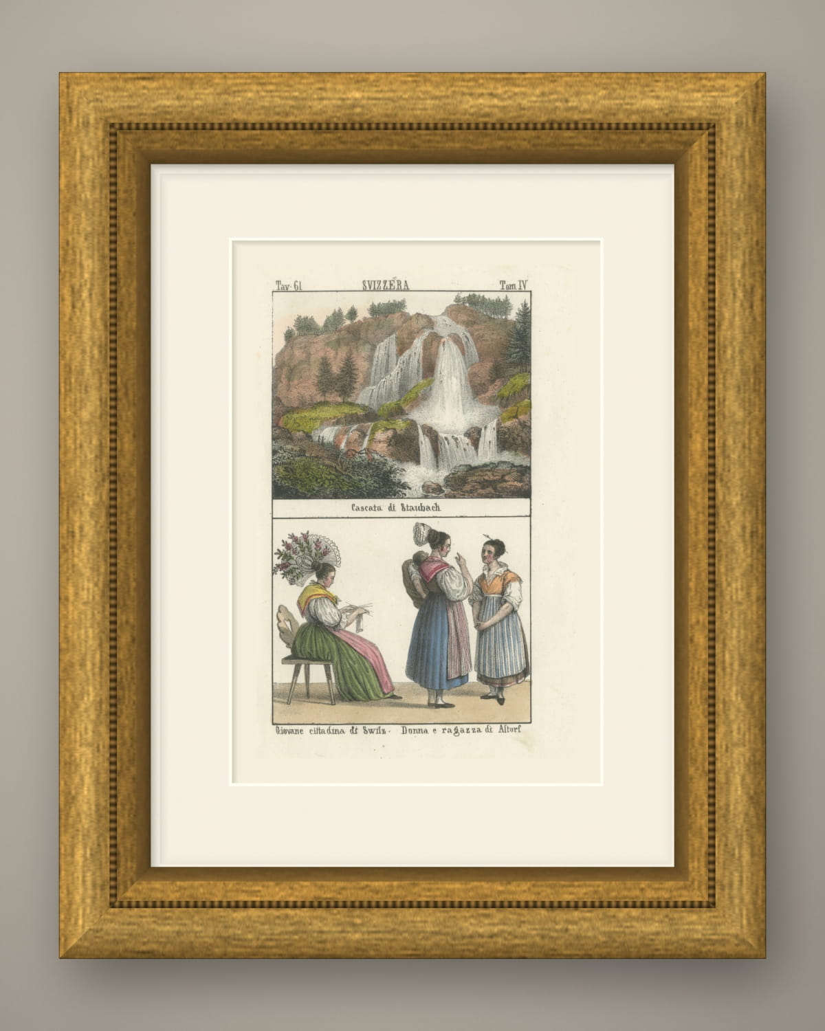 The Staubbach Falls and Women of Schwyz and Altdorf, Hand Colored, 1842