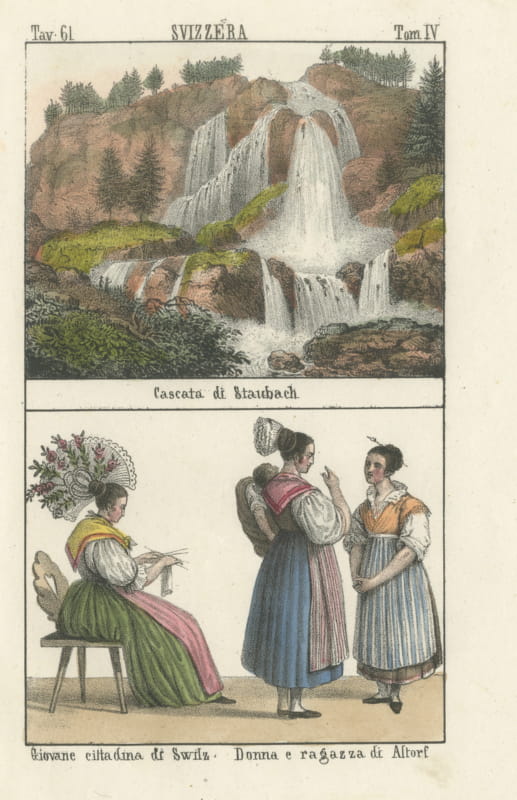 The Staubbach Falls and Women of Schwyz and Altdorf, Hand Colored, 1842
