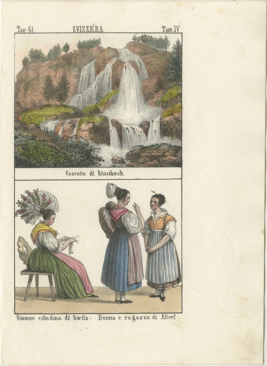 The Staubbach Falls and Women of Schwyz and Altdorf, Hand Colored, 1842