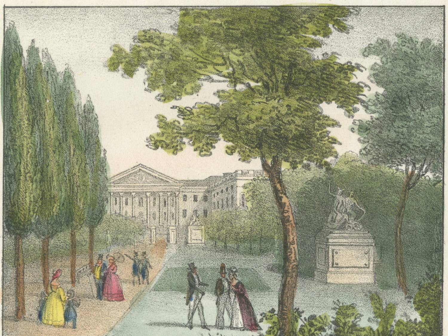 A Gothic Church in Antwerp and a Park in Brussels, Hand Colored Lithograph, 1842