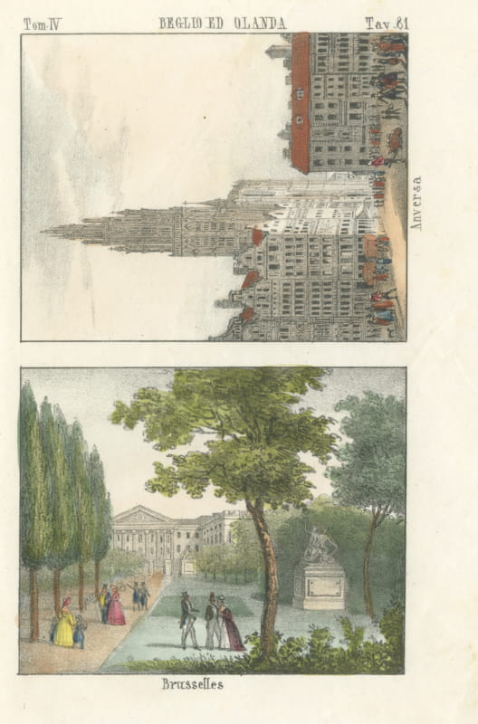 A Gothic Church in Antwerp and a Park in Brussels, Hand Colored Lithograph, 1842