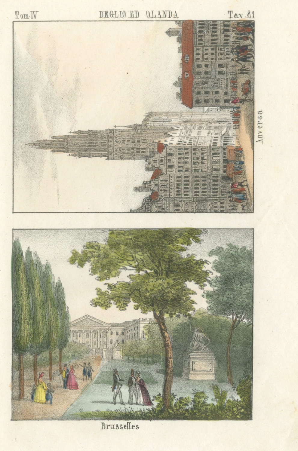 A Gothic Church in Antwerp and a Park in Brussels, Hand Colored Lithograph, 1842