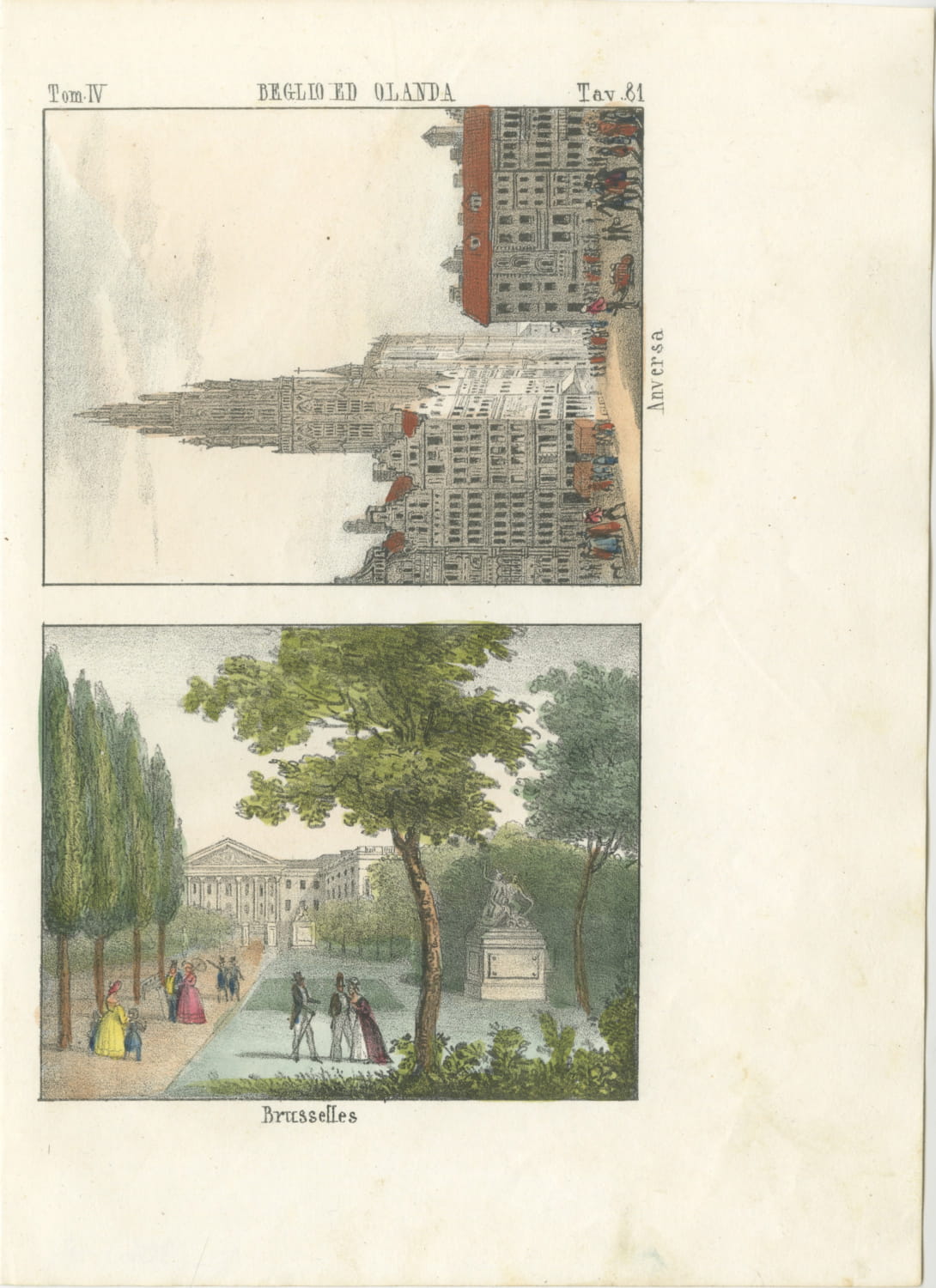 A Gothic Church in Antwerp and a Park in Brussels, Hand Colored Lithograph, 1842