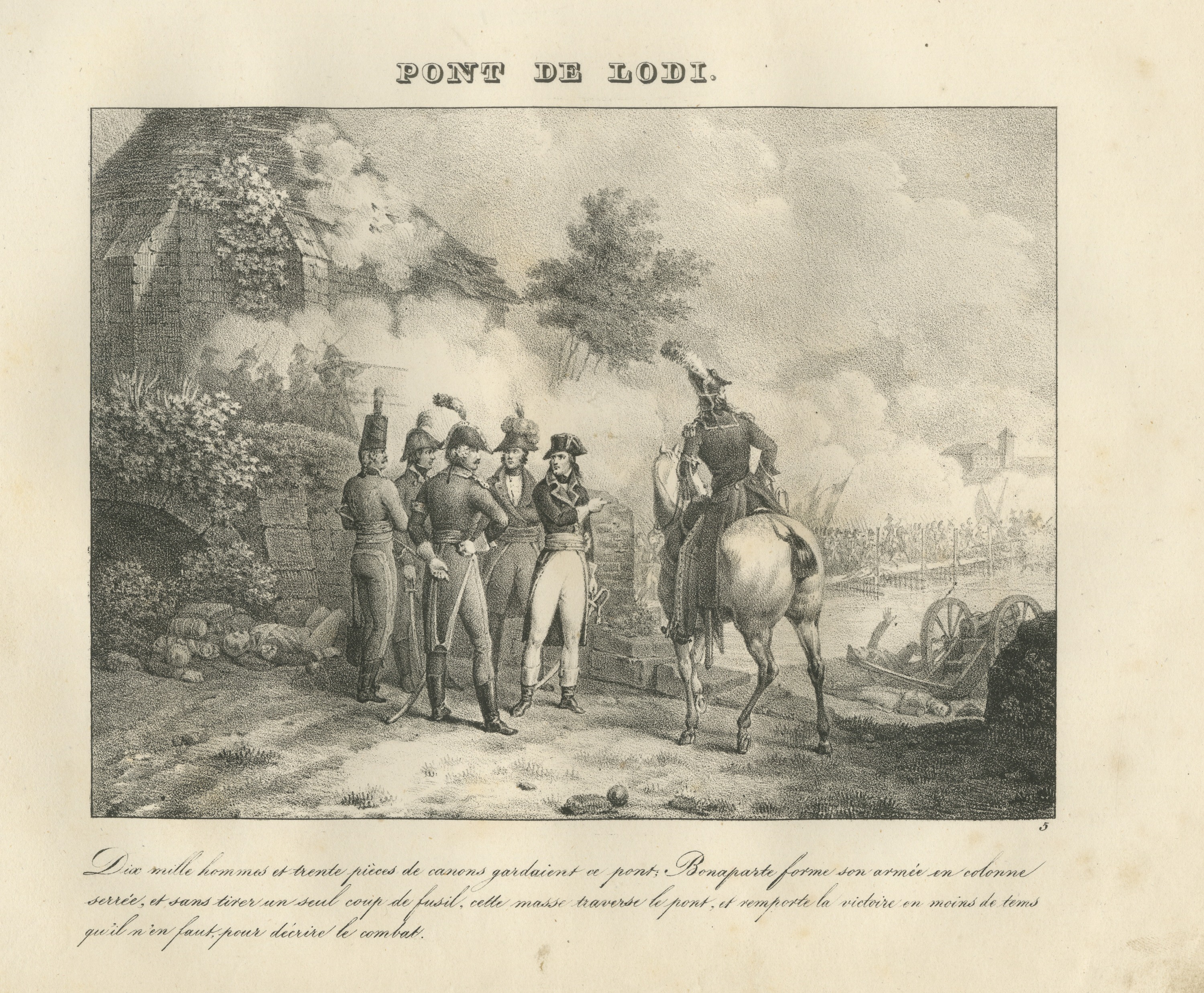 The Bridge of Lodi, Bonaparte's Close Column, Antique Madou Lithograph, 1827