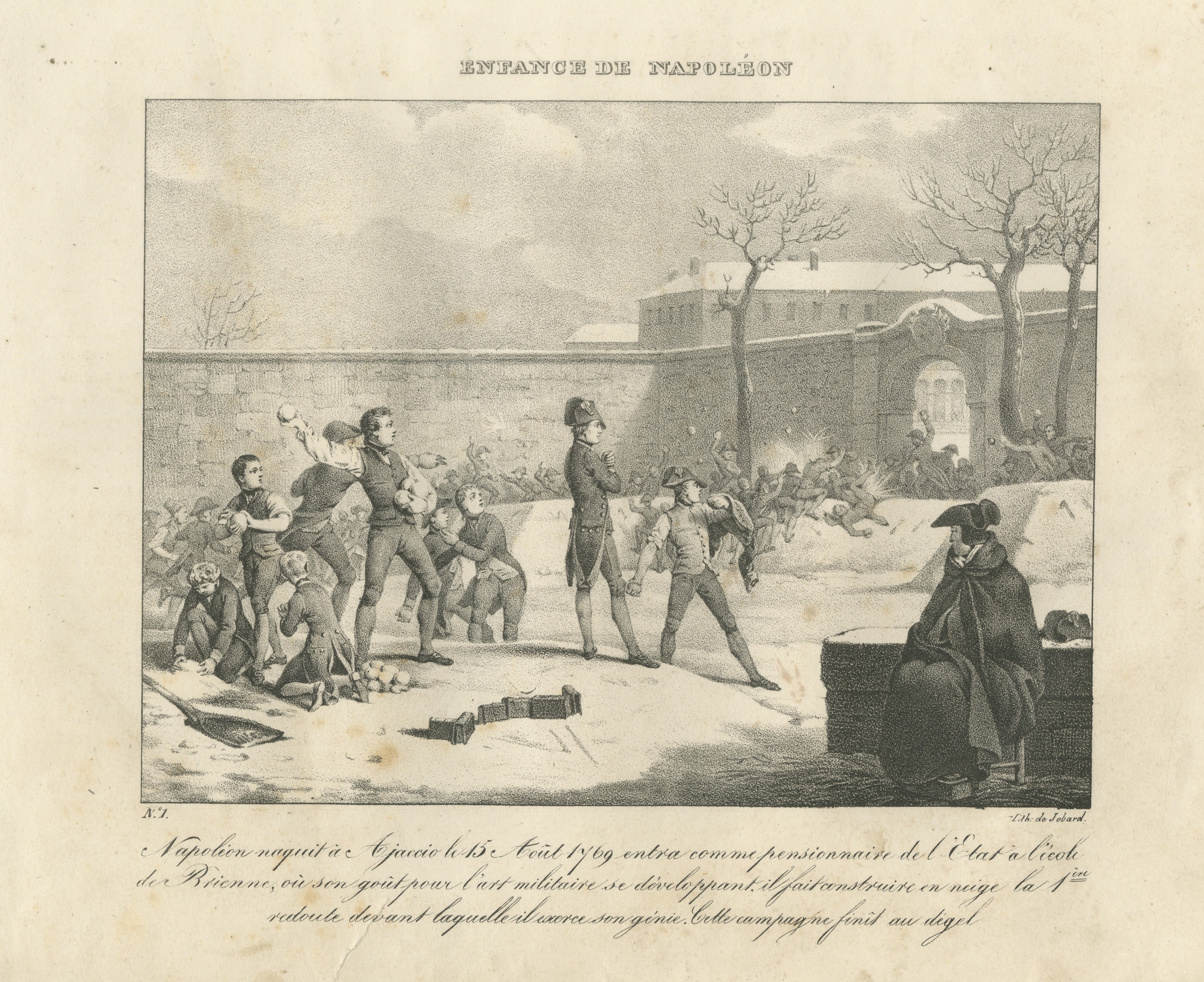 Napoleon's Snow Fort at Brienne, Antique Madou Lithograph, 1827