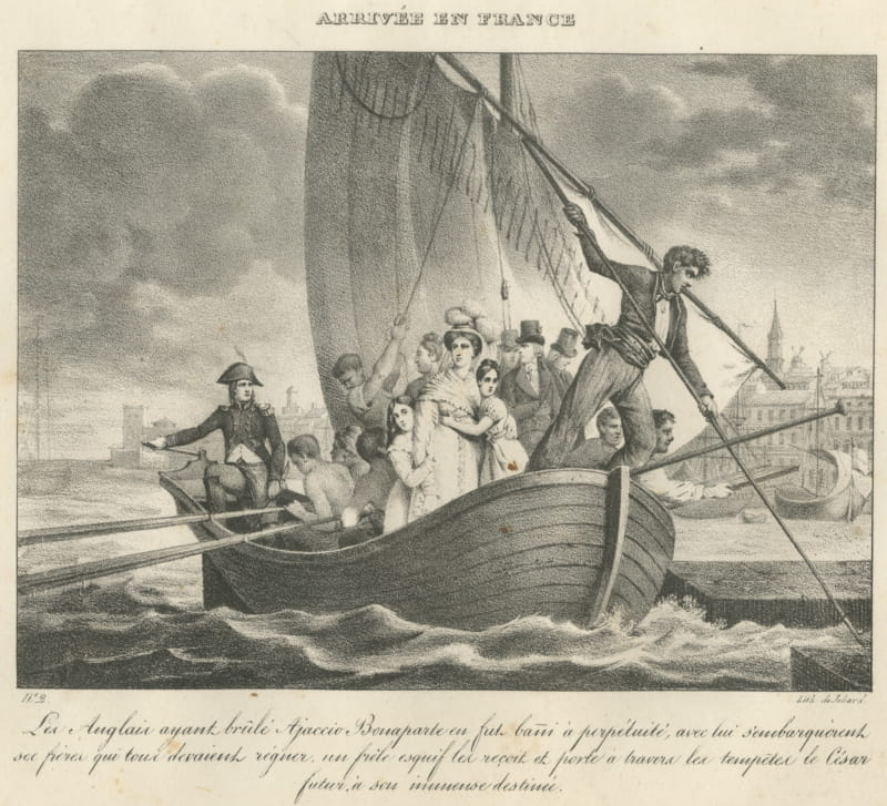 Arrival in France, the Bonapartes Flee Ajaccio, Antique Madou Lithograph, 1827