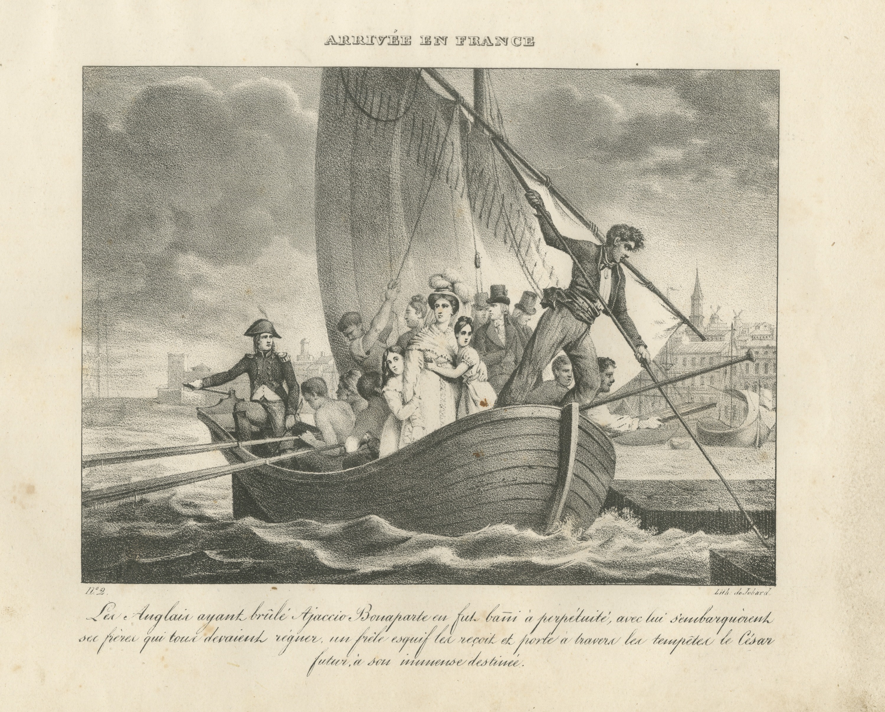 Arrival in France, the Bonaparte Family by Boat, Antique Madou Lithograph, 1827