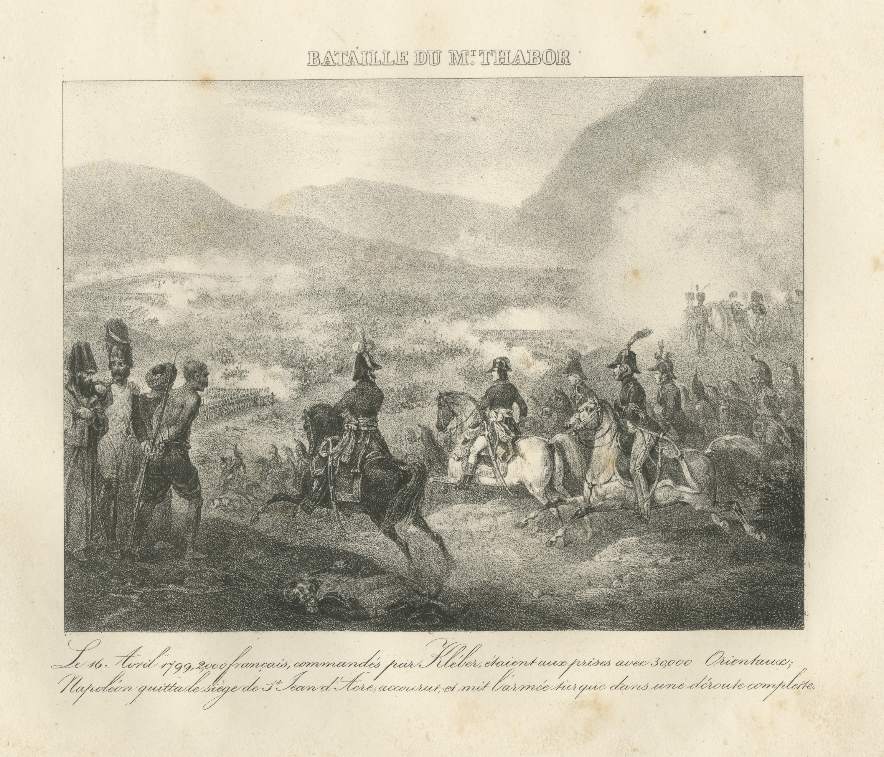 Battle of Mount Tabor, Napoleon Relieves Kleber, Antique Madou Lithograph, 1827