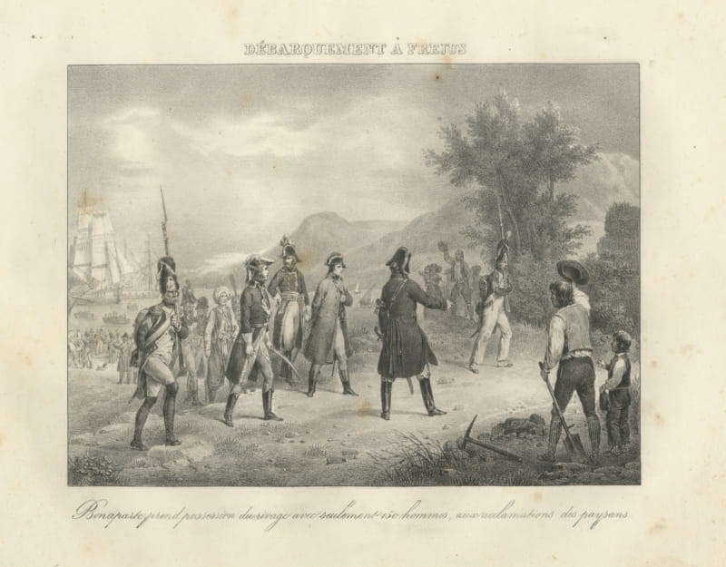 Bonaparte Landing at Fréjus, Return from Egypt, Antique Madou Lithograph, 1827