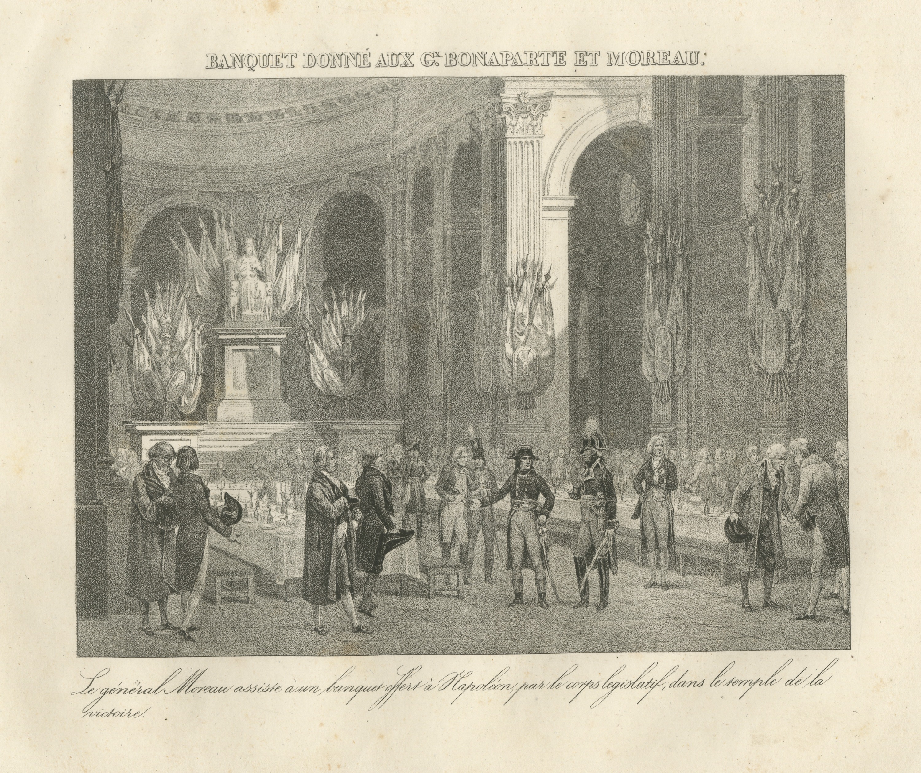 Banquet for Bonaparte and General Moreau, Antique Madou Lithograph, 1827