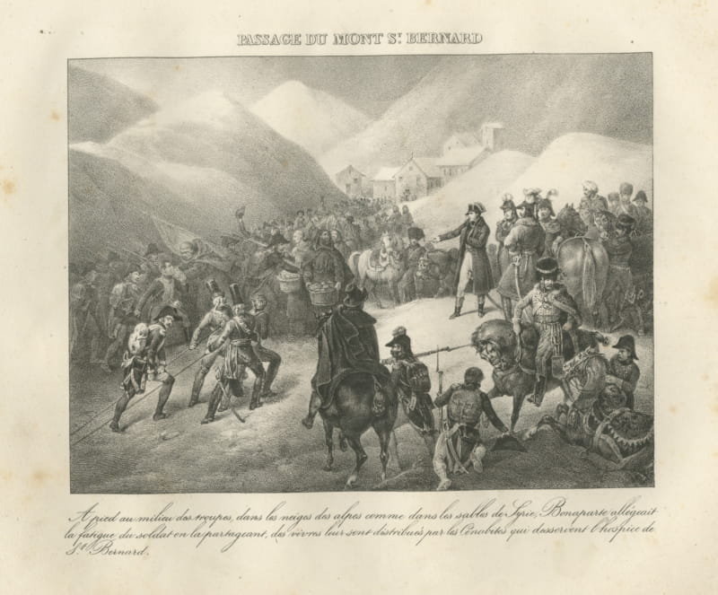 Crossing the Great Saint Bernard, the Hospice, Antique Madou Lithograph, 1827