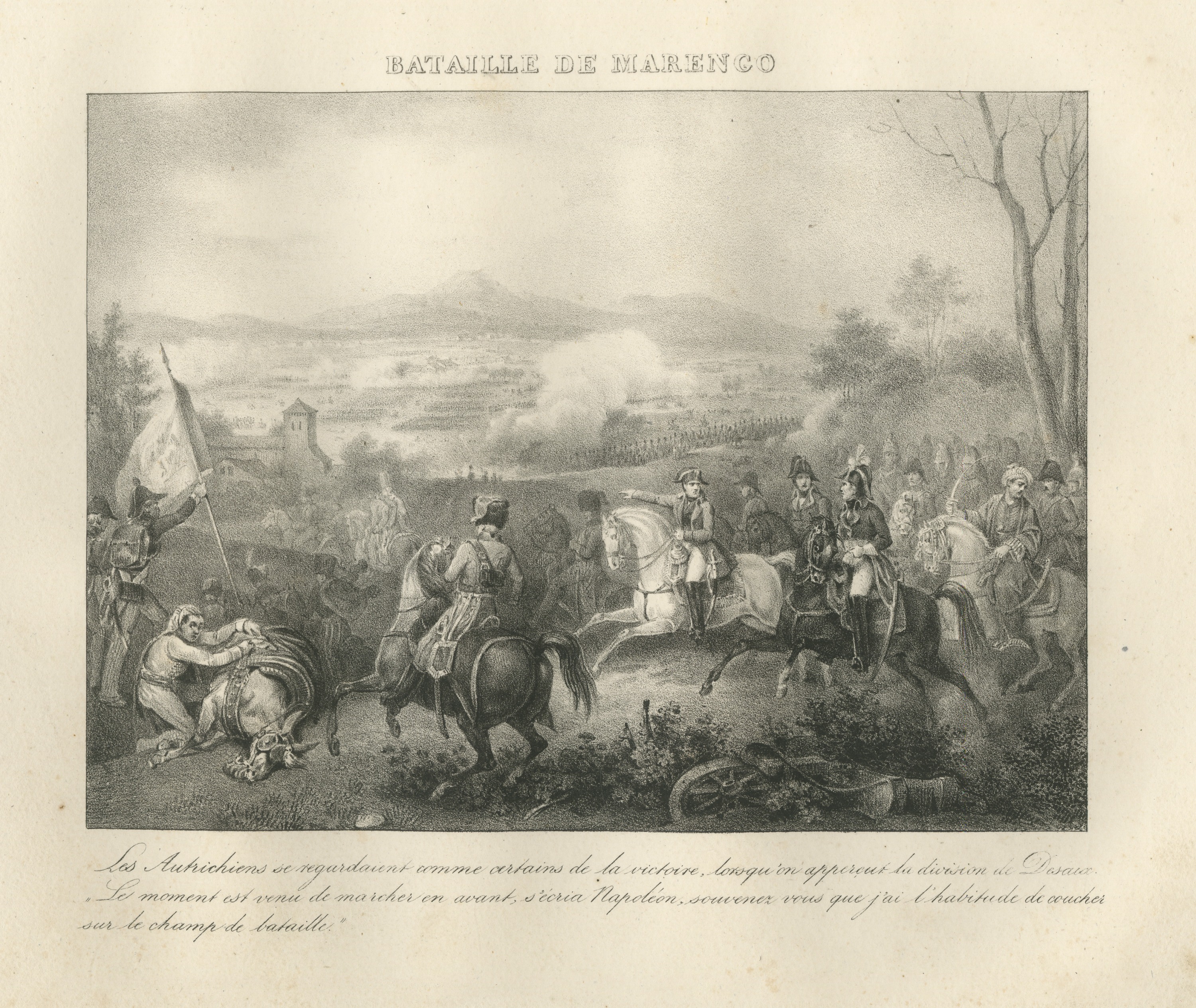 Battle of Marengo, Desaix Arrives, Antique Madou Lithograph, 1827