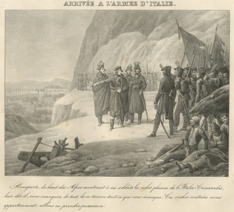Bonaparte Takes Command of the Army of Italy, Antique Madou Lithograph, 1827