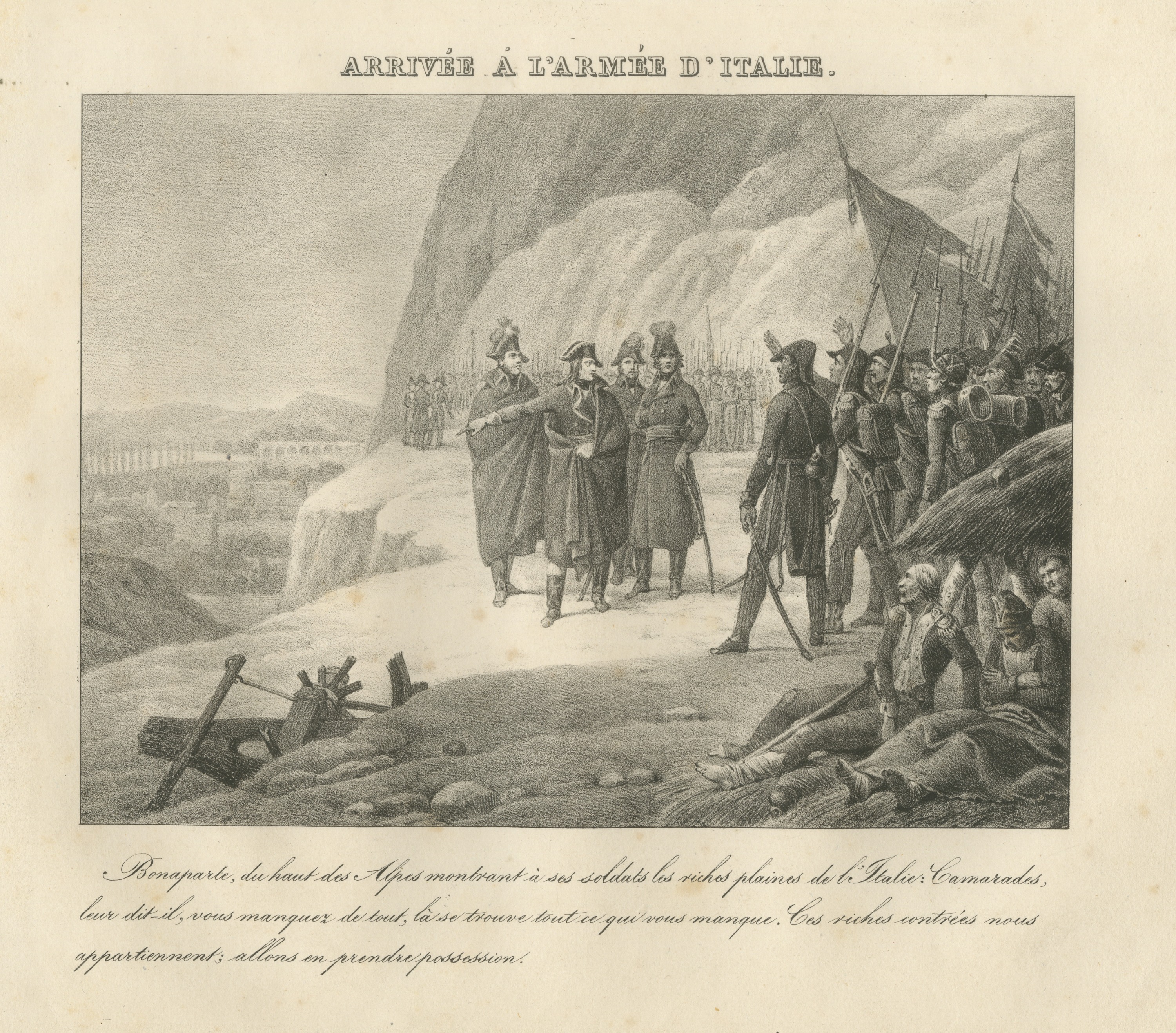 Bonaparte Takes Command of the Army of Italy, Antique Madou Lithograph, 1827