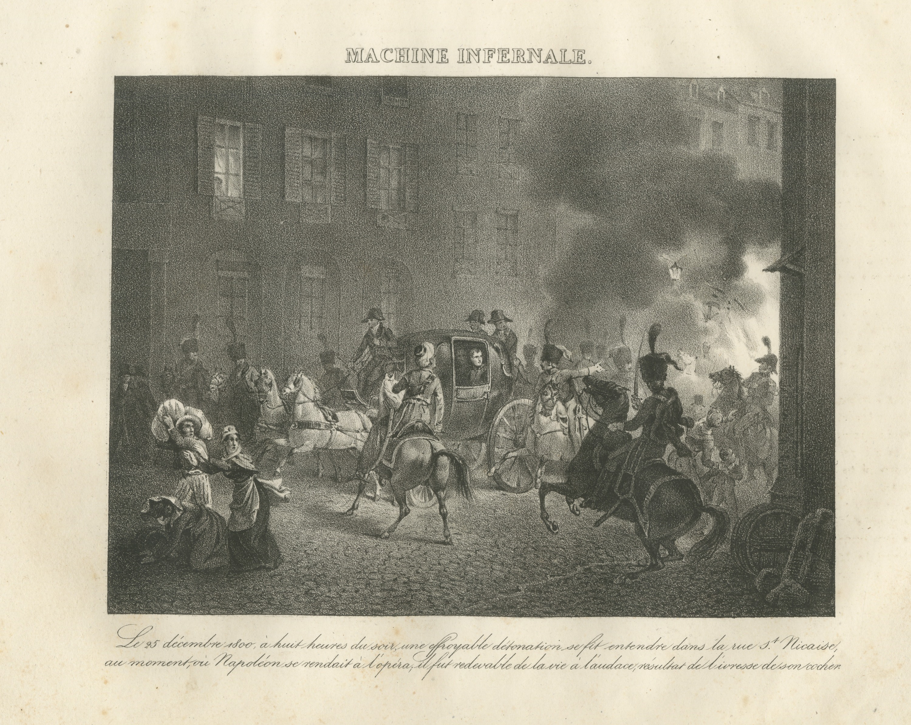 The Infernal Machine, Rue Saint Nicaise, Antique Madou Lithograph, 1827